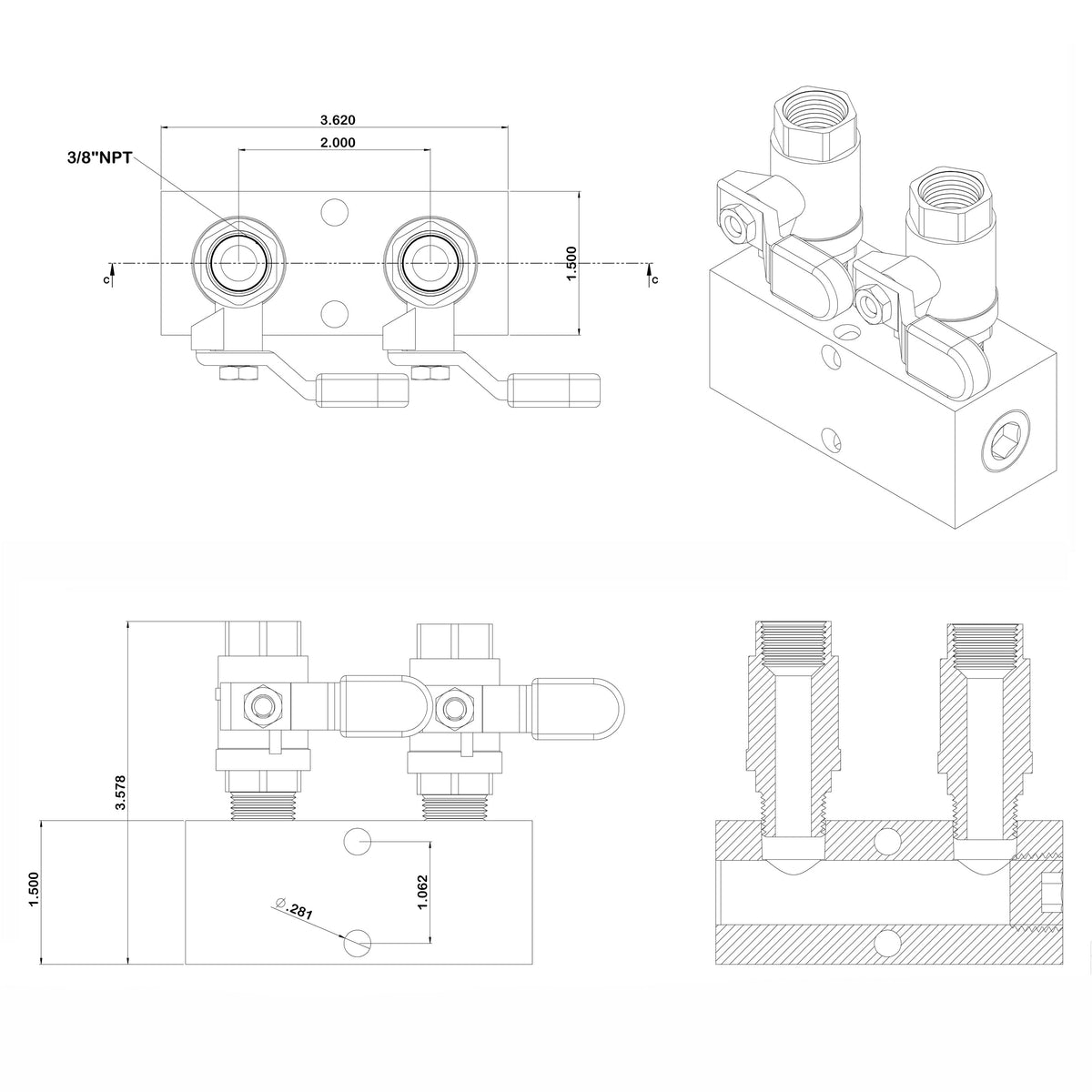 Fuel & Water Manifold - 2-Valve (3/8" valves, 1/2" inlets NPT)