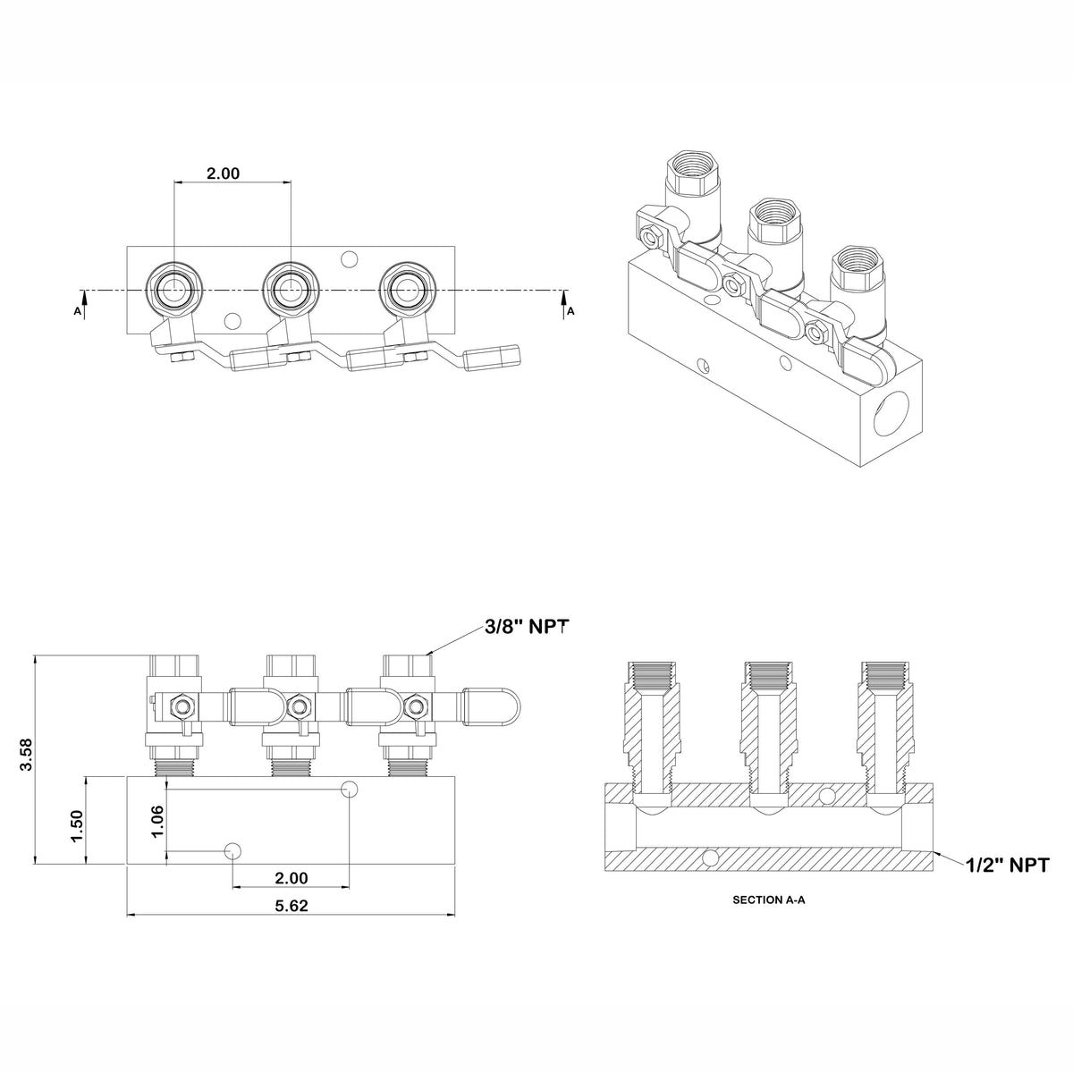 Fuel & Water Manifold - 3-Valve (3/8" valves, 1/2" inlets NPT)