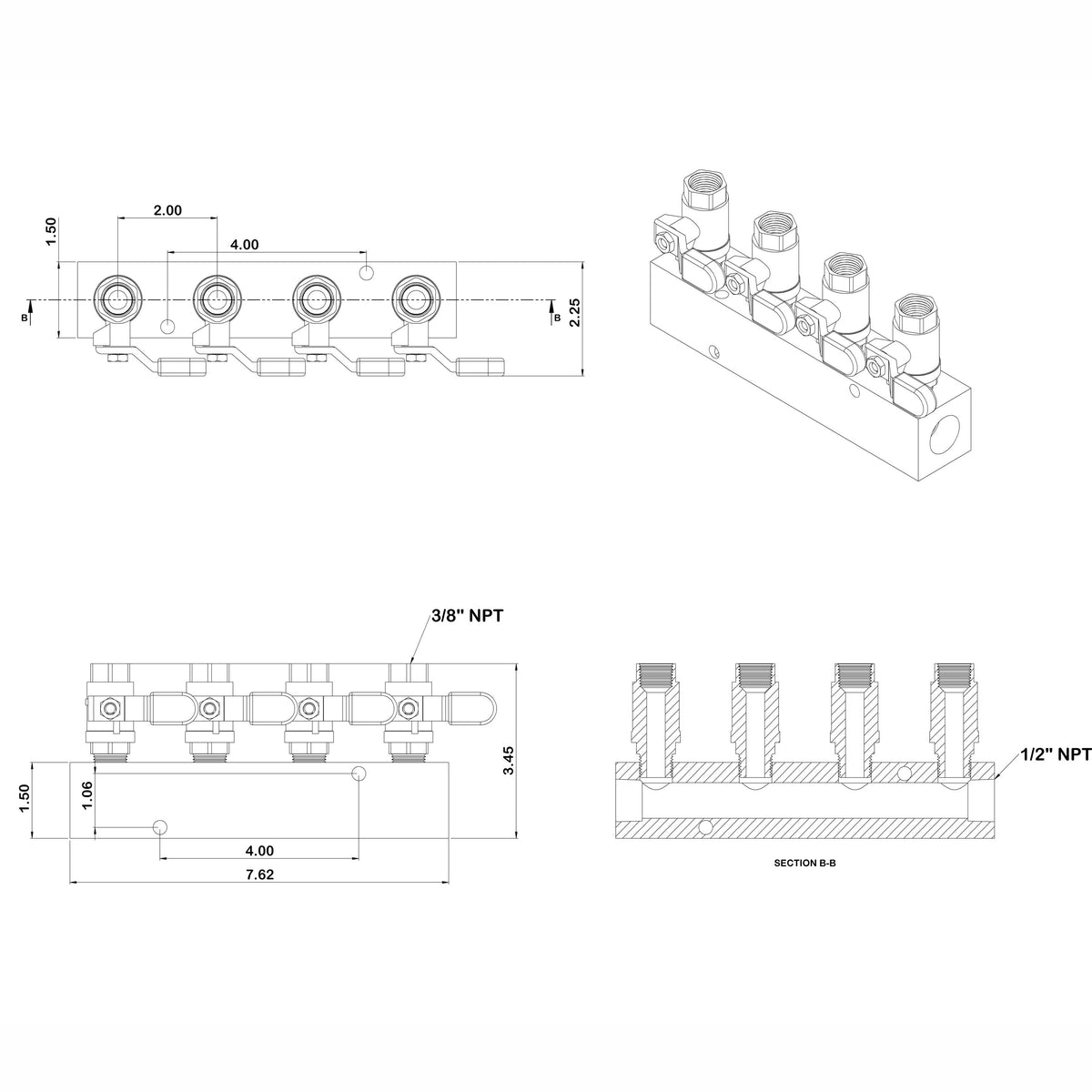 Fuel & Water Manifold - 4-Valve (3/8" valves, 1/2" inlets NPT)