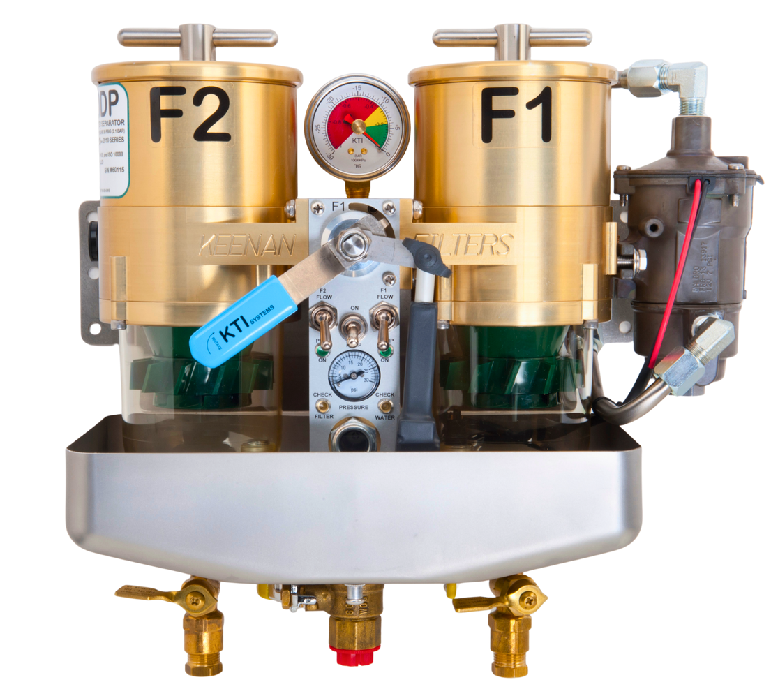 Diesel fuel filter with gold and silver components on a white background